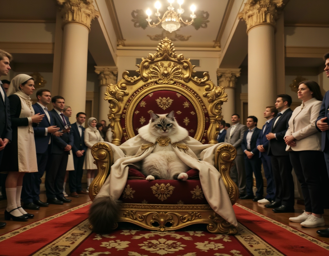 Cat poses regally on a golden throne inside a castle, wearing a crown and cape. Ornate royal decorations surround the scene.